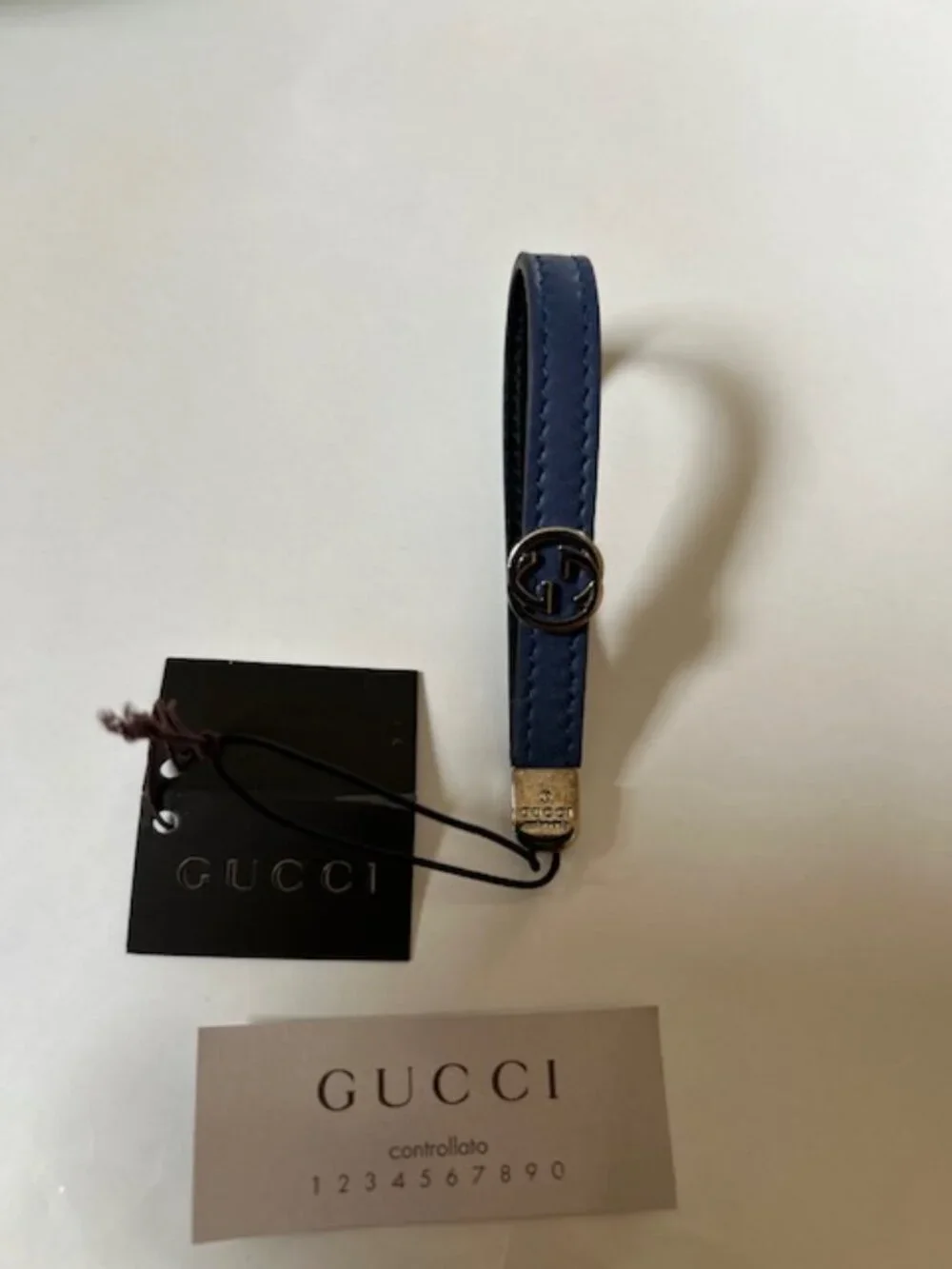 New Authentic Gucci Interlocking G Blue Leather Phone Strap Brushed Nickel Metal